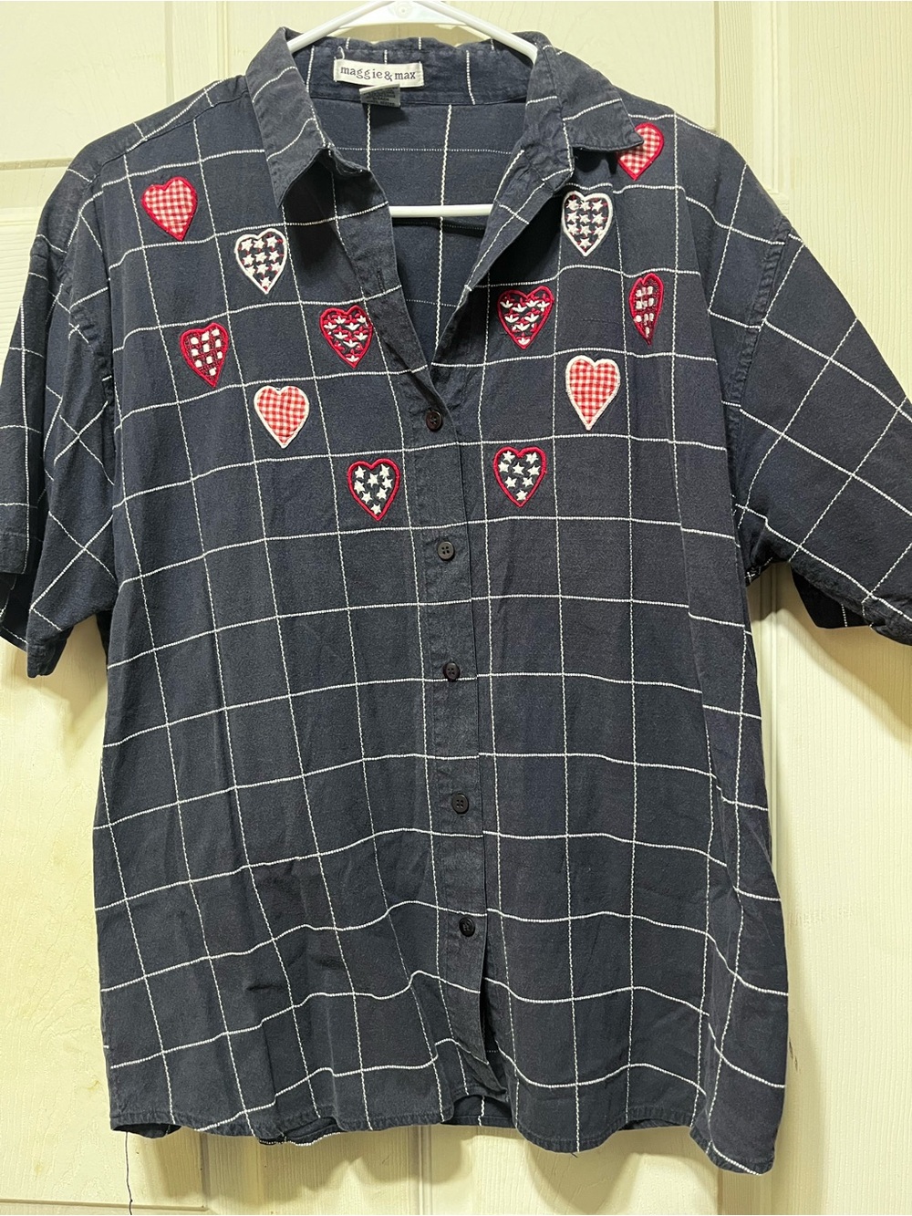 Maggie & Max Navy Grid Button-Down Shirt with Red Heart Appliqués